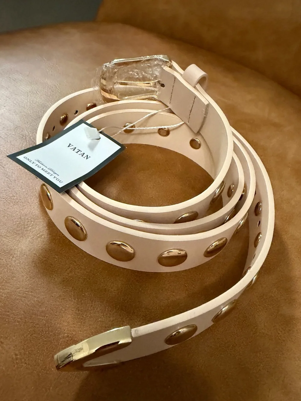 VATAN Eco Friendly Nude Studded Belt w/ Gold Hardware. Measurements in photos.